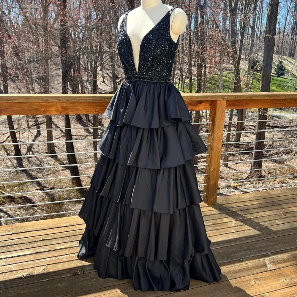 Sherri Hill Black Beaded Ruffle Tiered Prom Dress - Picture 9 of 9